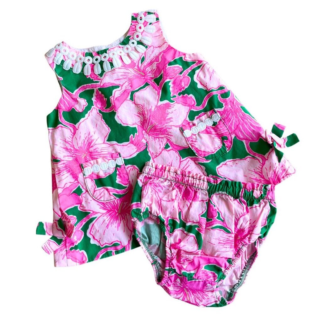Lilly Pulitzer Baby Shift Dress & Bloomers, Kelly Green Hibis Kiss, Pink & Green